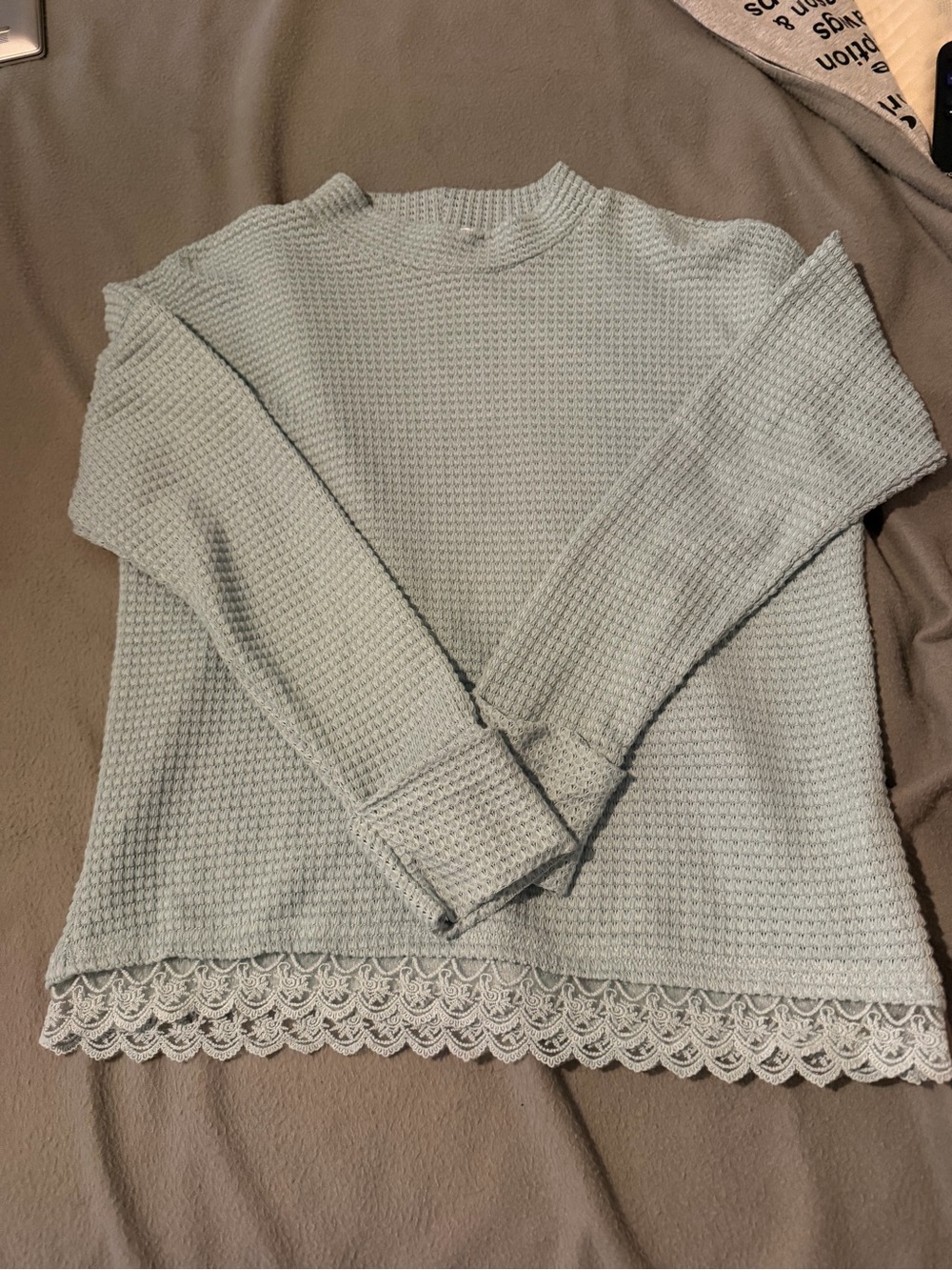 Eyeshadow Mint Green Waffle-Knit Lace-Hem Pullover